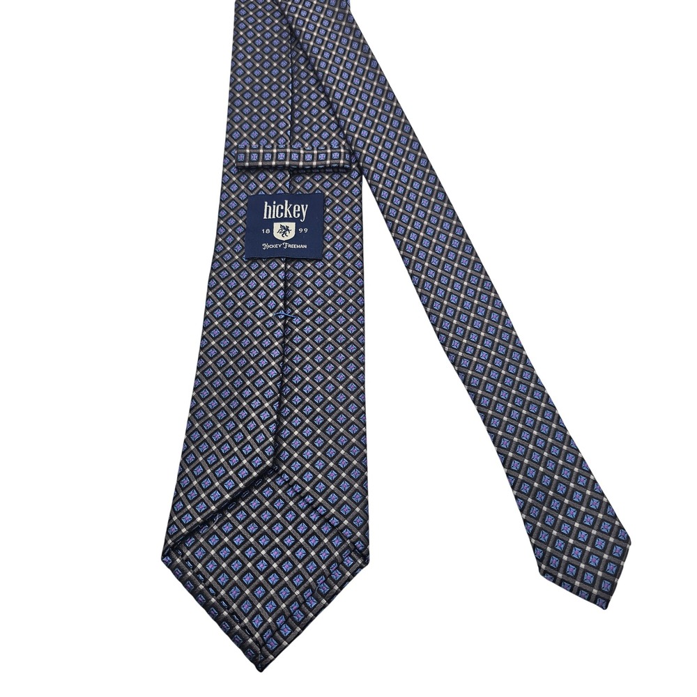 Hickey Freeman Silk‎ Tie Gray Blue Purple Geometric Diamond Square Mens Necktie